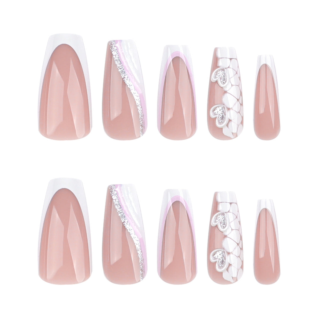 Artful Nail Extensions with Heart Design and Glitter Accents Bowlift