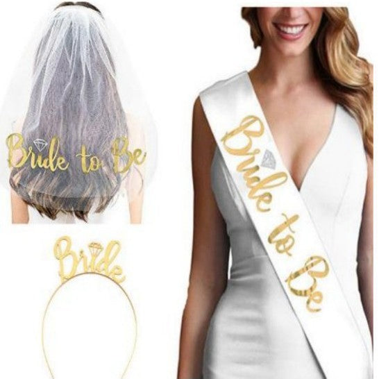 Women's bridal accessories set with shimmering veil and personalized sash Bowlift