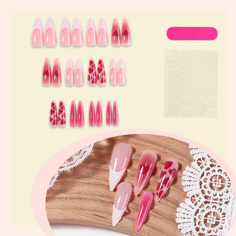 Artistic Press-On Nail Set with Gradient and Heart Patterns Bowlift