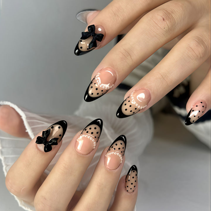 Elegant Polka Dot Press-On Nails with Bow Accents Bowlift
