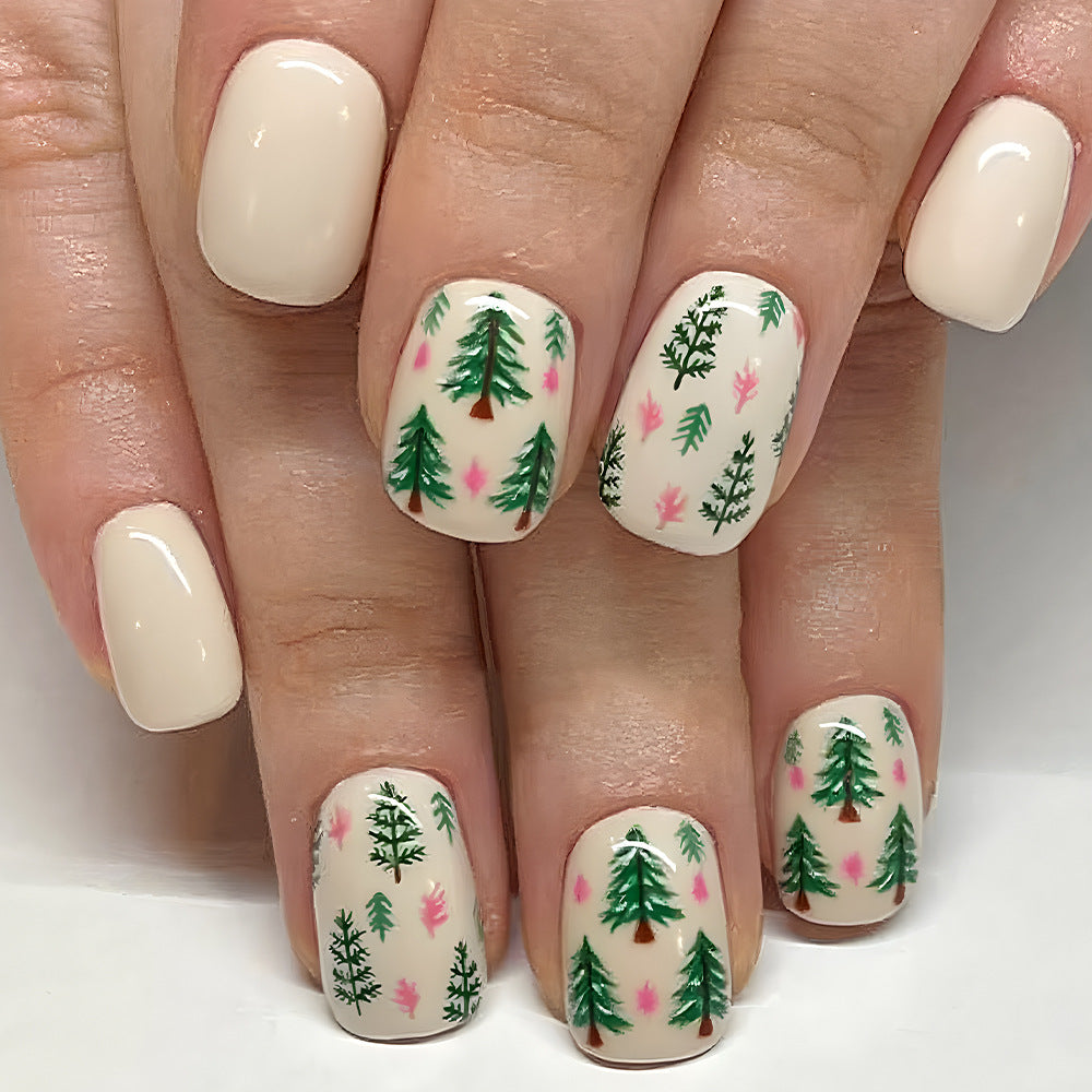 Artistic Press-On Nail Set with Woodland Design Bowlift