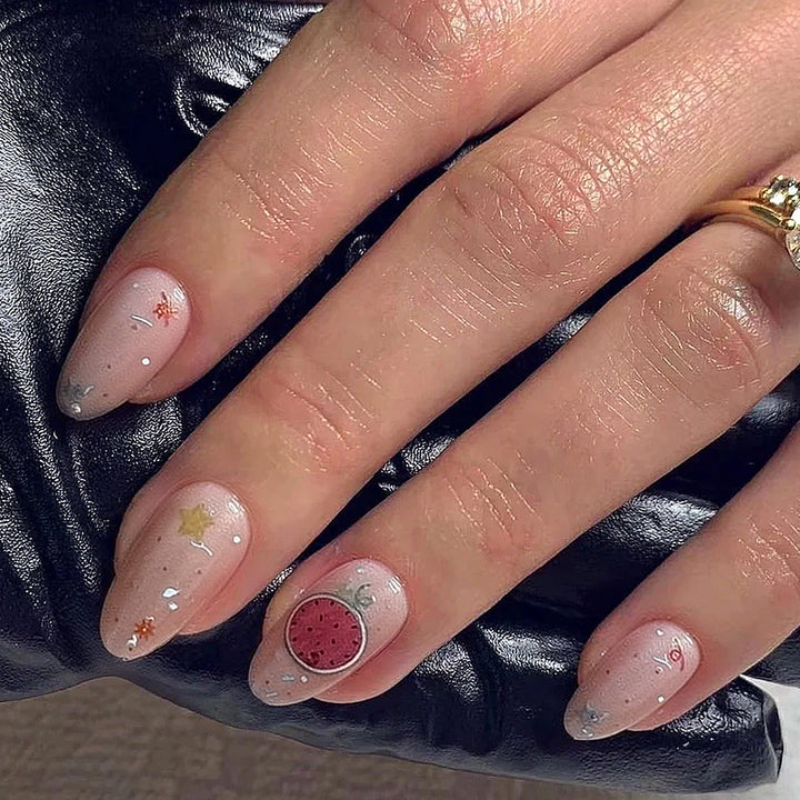 Artistic Press-On Nail Set with Elegant Fruit Designs Bowlift