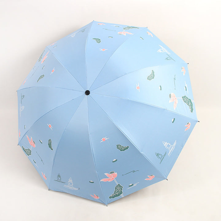Women Folding Umbrella with Floral Accents Bowlift