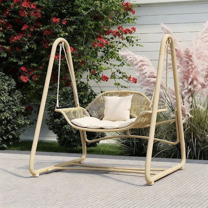 Woven rattan outdoor swing loveseat with padded cushions and powder-coated steel frame Bowlift