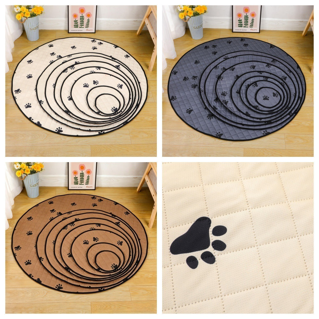 Round Quilted Pet Mat With Paw-Print Non-Slip Underside Bowlift