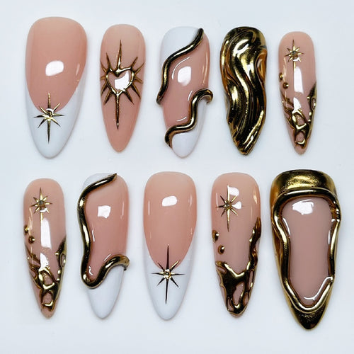 Acrylic nail set with luxurious gold accents and elegant designs Bowlift