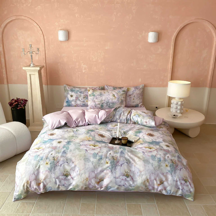 Luxury Floral Duvet Cover Set with Reversible Solid Sheet and Pillow Shams
