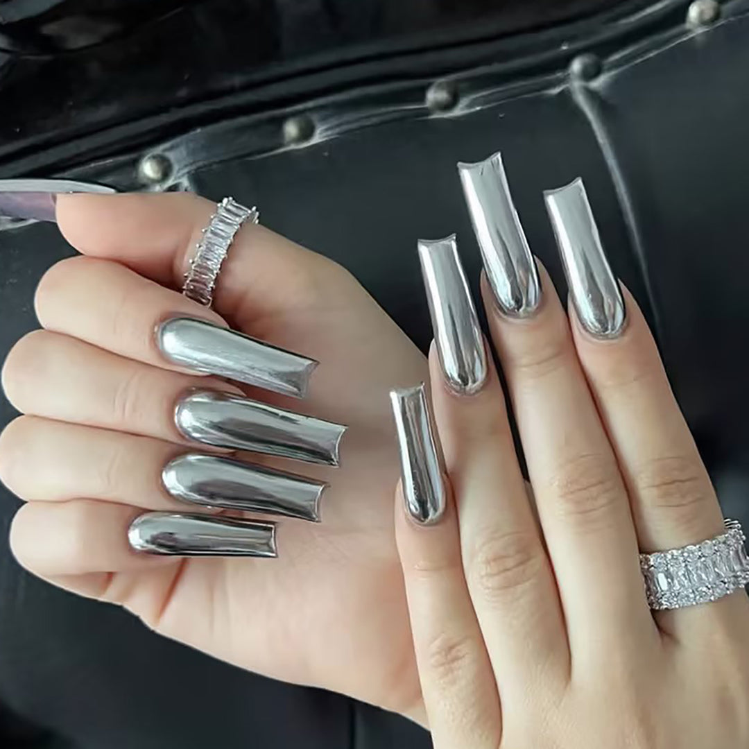 Metallic Finish Long Press-On Nails Bowlift