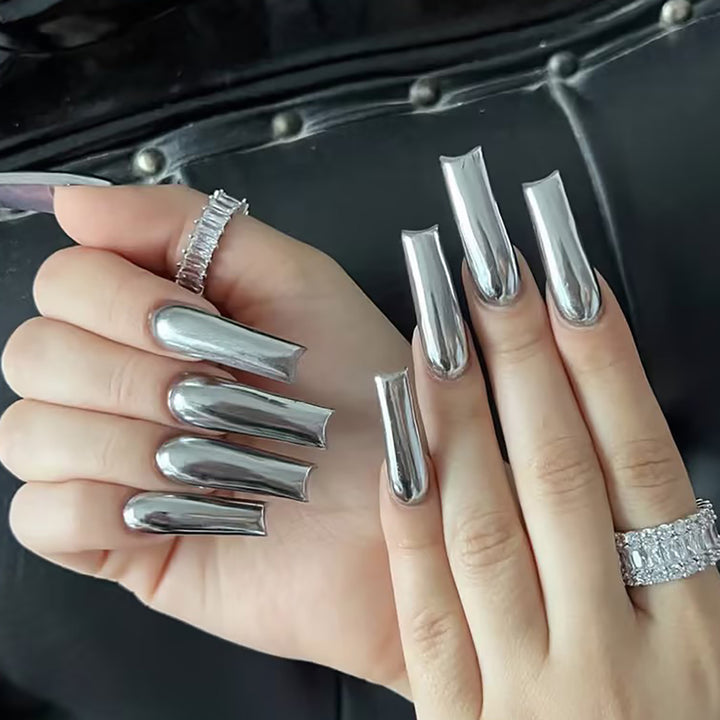 Metallic Finish Long Press-On Nails Bowlift