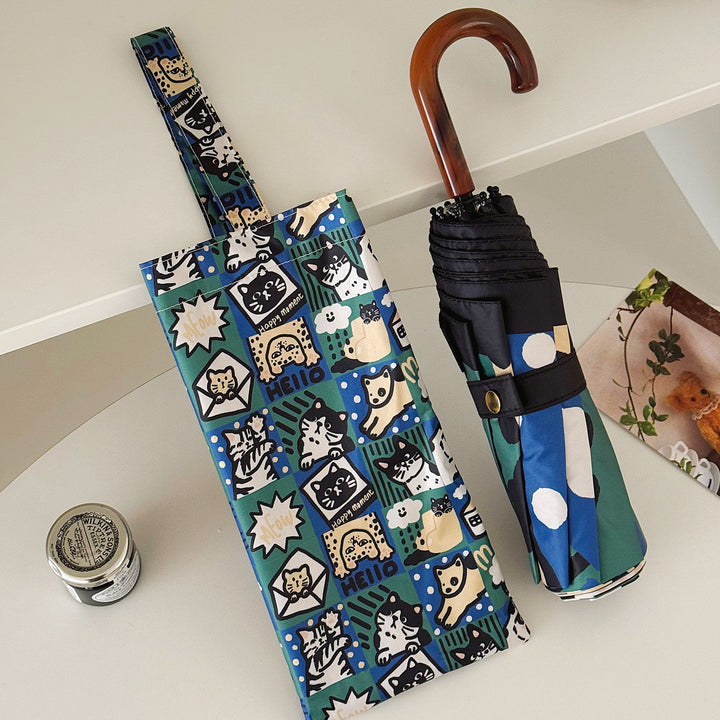 Women's Foldable Umbrella with Playful Cat Pattern Bowlift