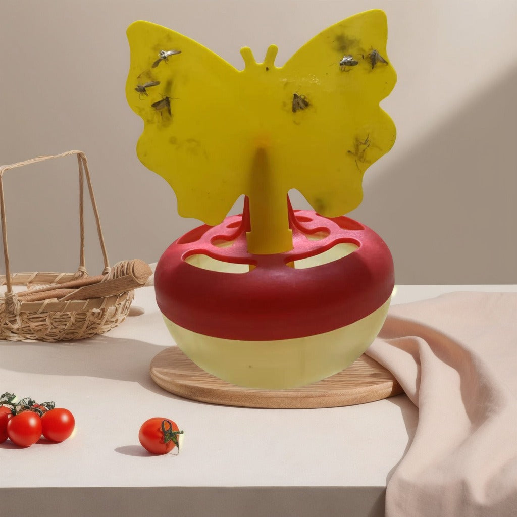 Butterfly-shaped sticky insect trap with refillable liquid reservoir and reusable base Bowlift