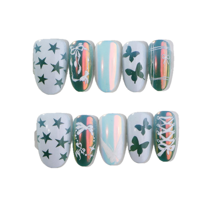 Decorative Press-On Nail Art Set with Butterfly and Star Designs Bowlift