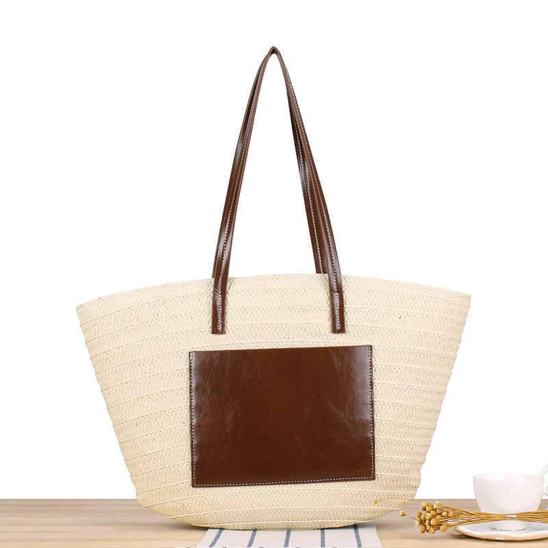 Trendy Beach Bag Made of Woven Straw and Leather Accents Bowlift