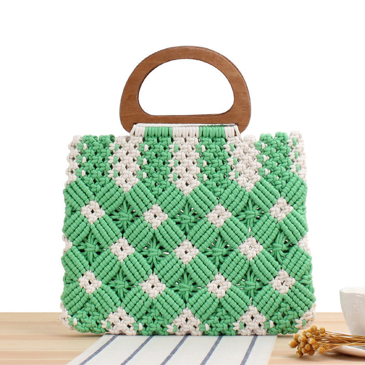 Macrame Tote Bag with Wooden Handles and Floral Details Bowlift