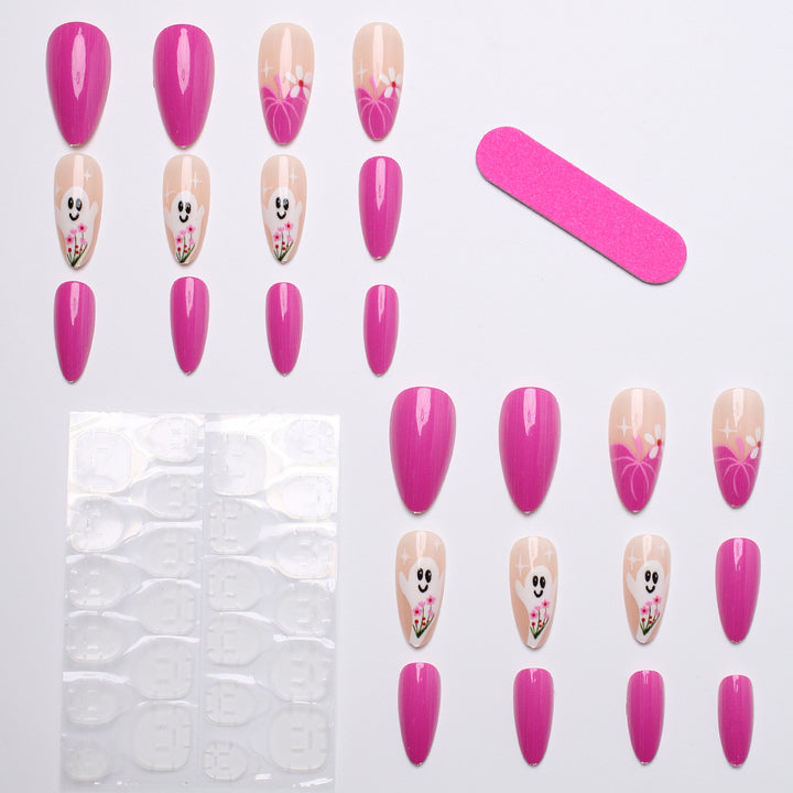 Artificial nail set with charming ghost and flower motifs Bowlift