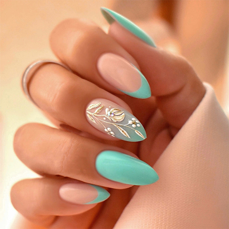 Artisan Press-On Nail Set with Elegant Leaf Patterns Bowlift
