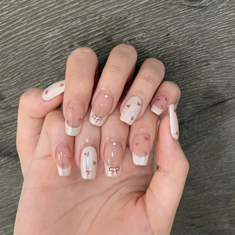 Decorative Press-On Nail Set with Heart and Bow Designs Bowlift