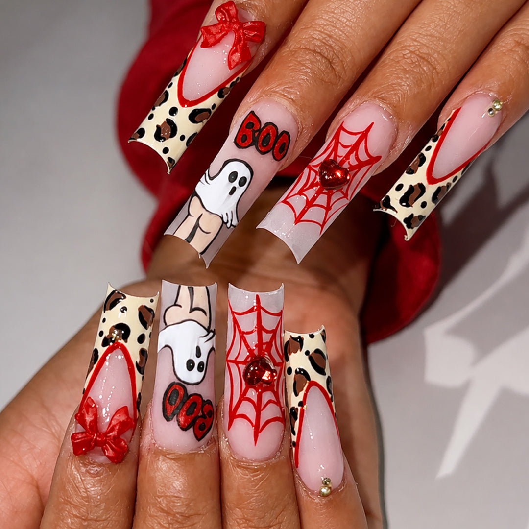Themed Halloween Press-On Nail Set with Animal and Ghost Prints Bowlift