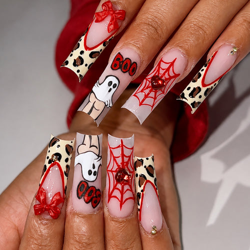 Themed Halloween Press-On Nail Set with Animal and Ghost Prints Bowlift