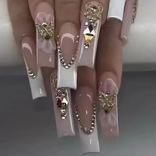 Decorative Long Press-On Nails with Gem and Floral Accents Bowlift