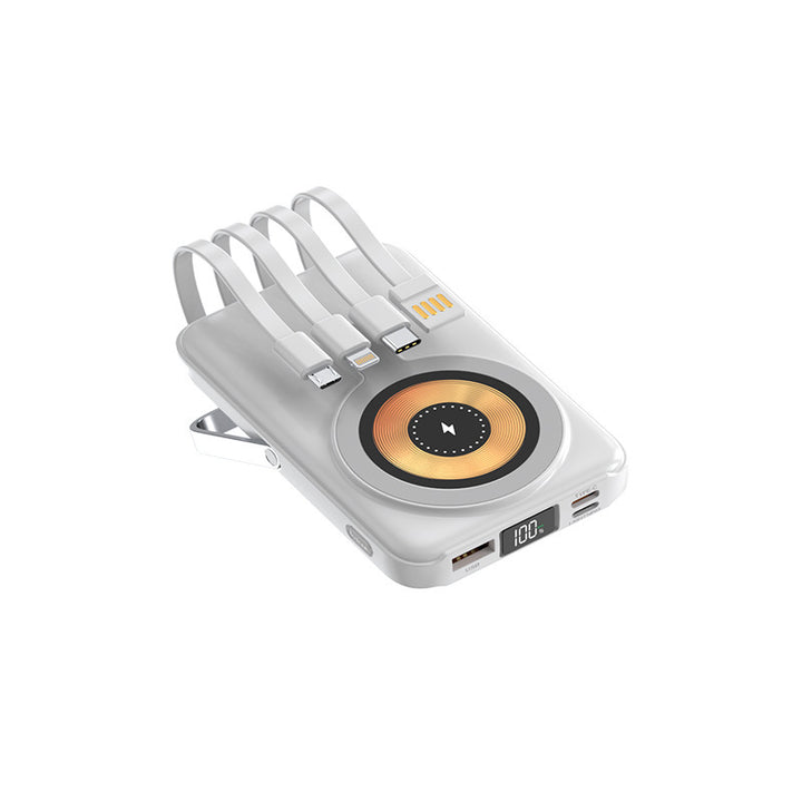 Compact power bank with integrated charging cable and wireless charging function Bowlift