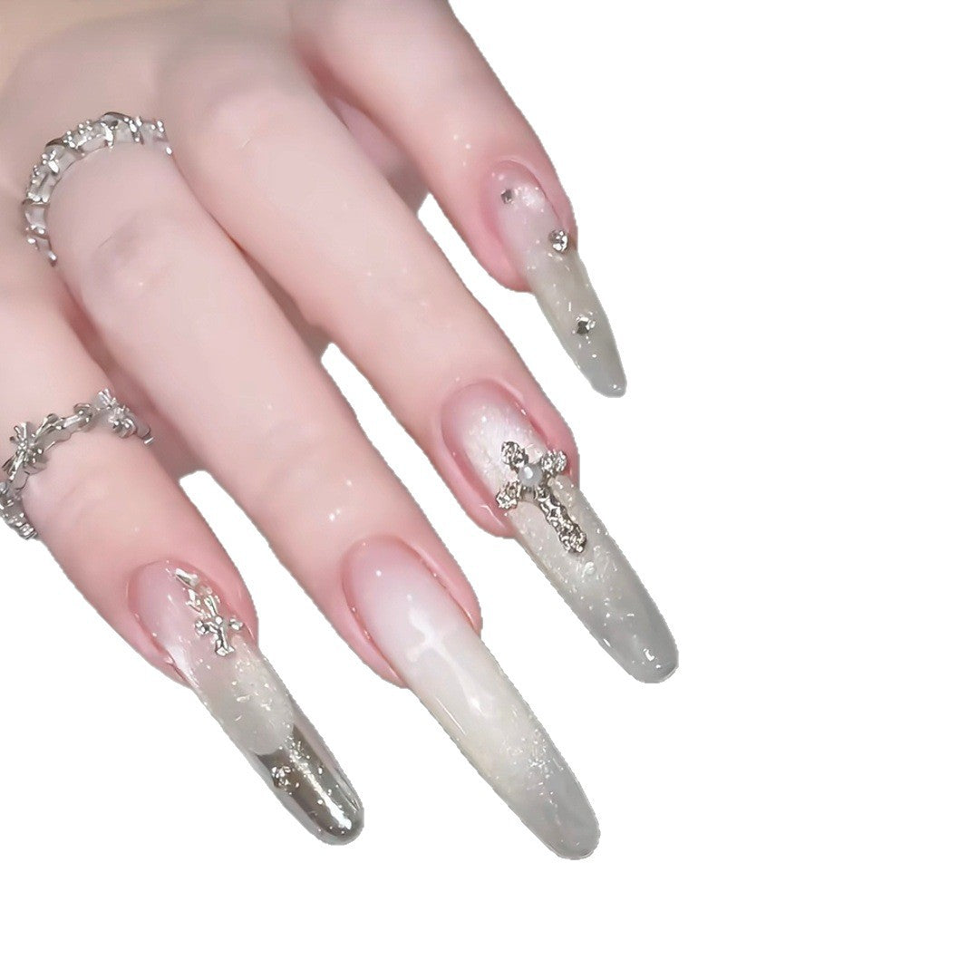 Elegant Decorative Press-On Nail Set with Rhinestone Cross Accents Bowlift