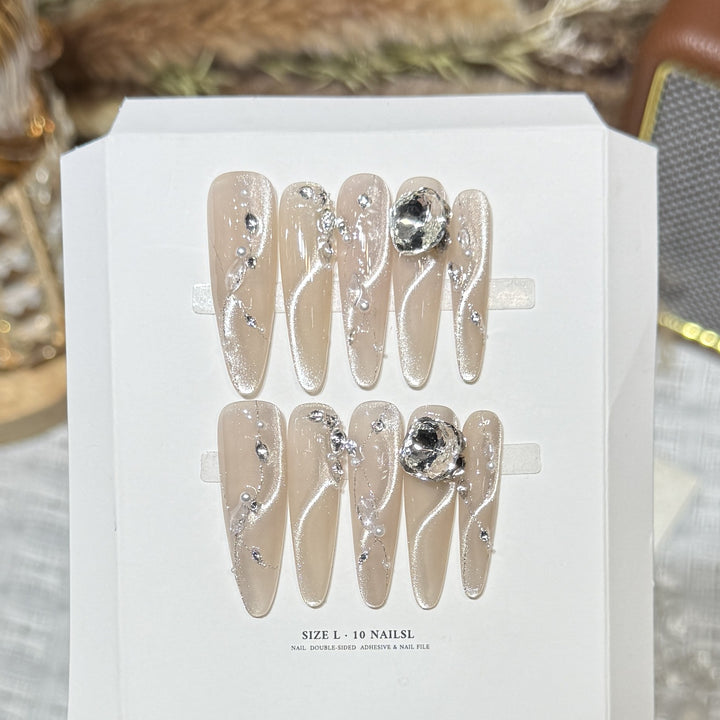Artistic Stiletto Press-On Nail Set with Crystal Accents Bowlift
