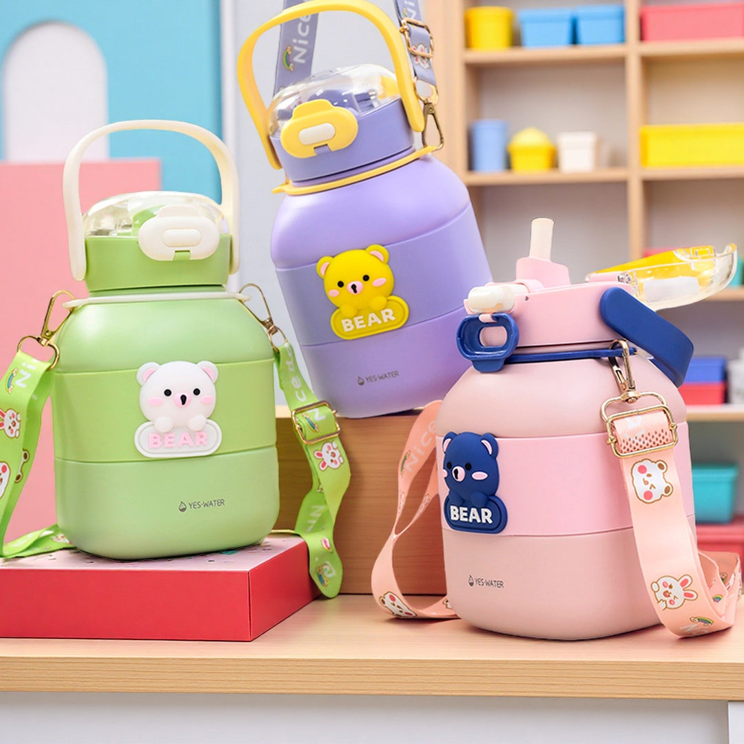 Women's insulated drinking bottle with practical carrying strap and cute bear motif Bowlift