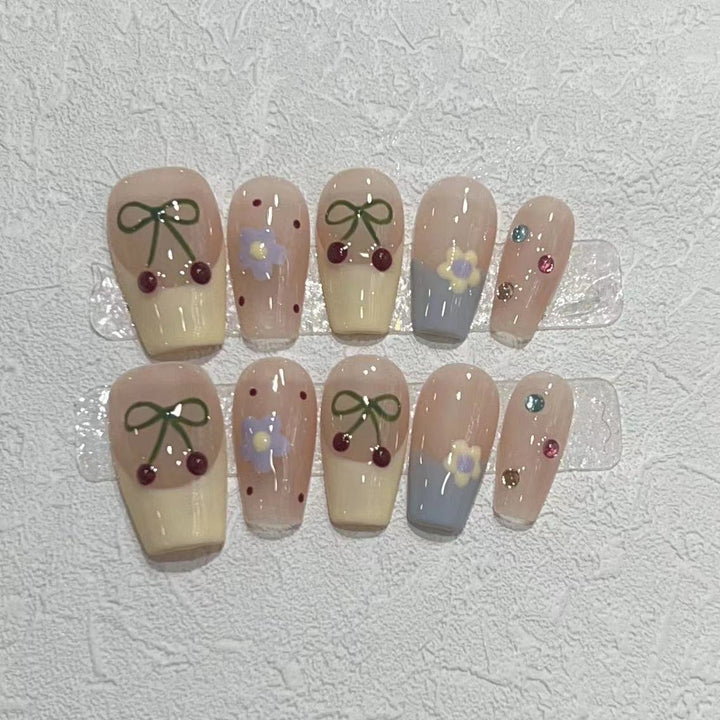 Charming Decorative Press-On Nail Set with Cherry and Floral Designs Bowlift