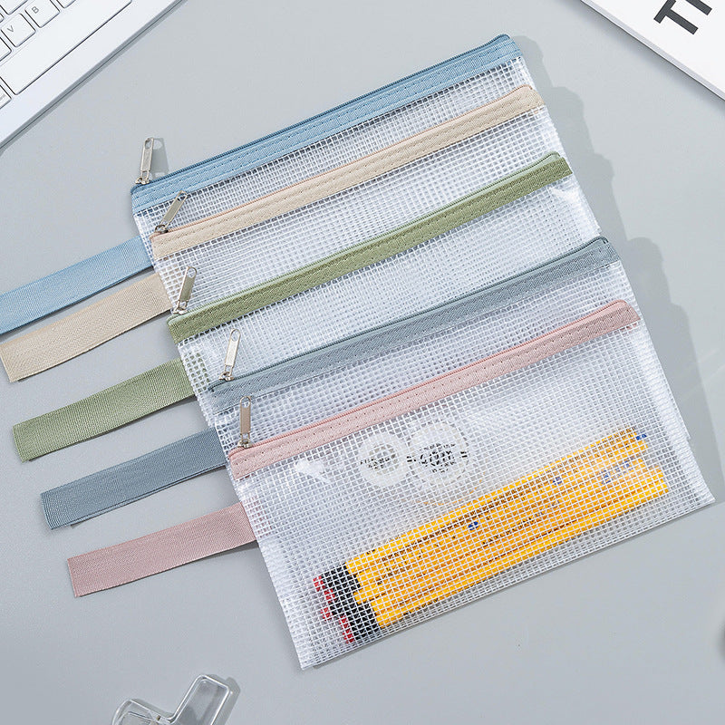 Transparent Mesh Zipper Pouch Set with Wrist Strap Stationery Organizer Bowlift