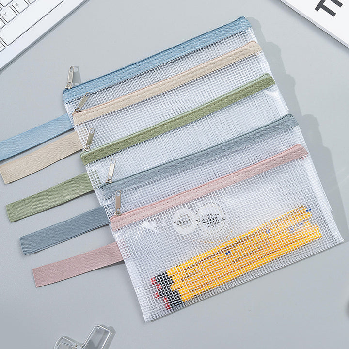 Transparent Mesh Zipper Pouch Set with Wrist Strap Stationery Organizer Bowlift