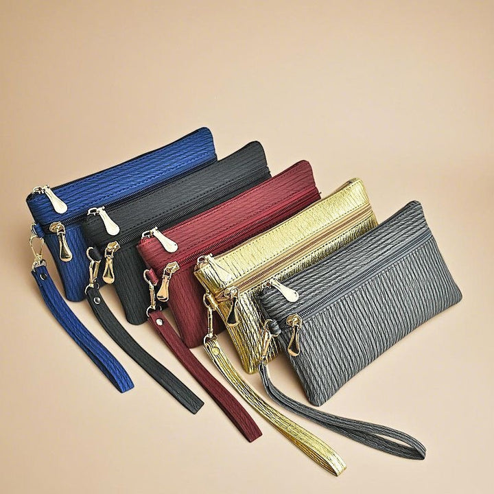 Textured Faux Leather Double-Zip Wristlet Clutch Bowlift