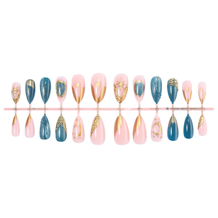 Artistic Press-On Nail Art Set with Gold Accents Bowlift
