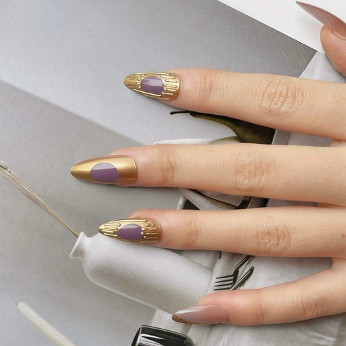 Artistic Press-On Nail Set with Gold and Purple Accents Bowlift