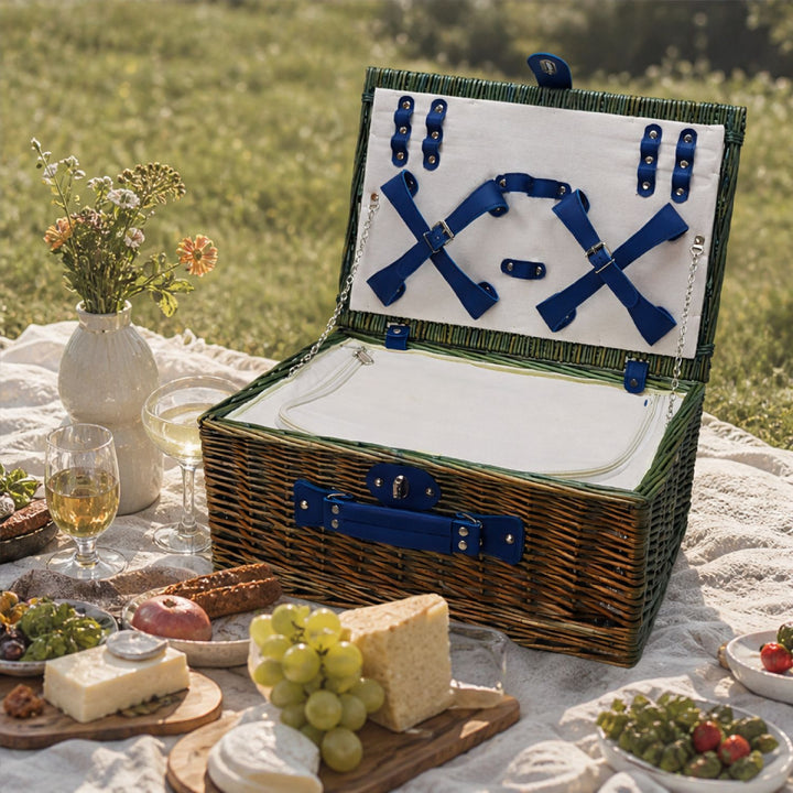 Ladies luxurious picnic basket with integrated crockery set and insulated cooler compartment Bowlift