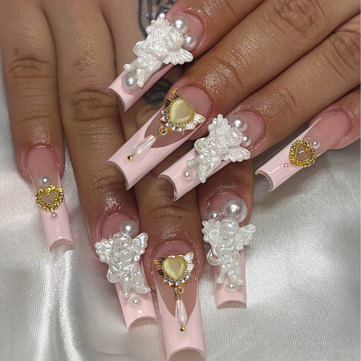 Artificial nail set with luxurious flower and pearl decorations Bowlift