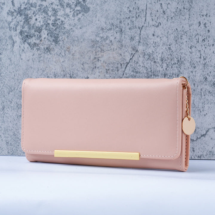 Premium vegan leather long wallet clutch with gold bar accent and detachable chain Bowlift
