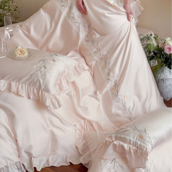 Luxury Satin Ruffled Embroidered Duvet Cover Set