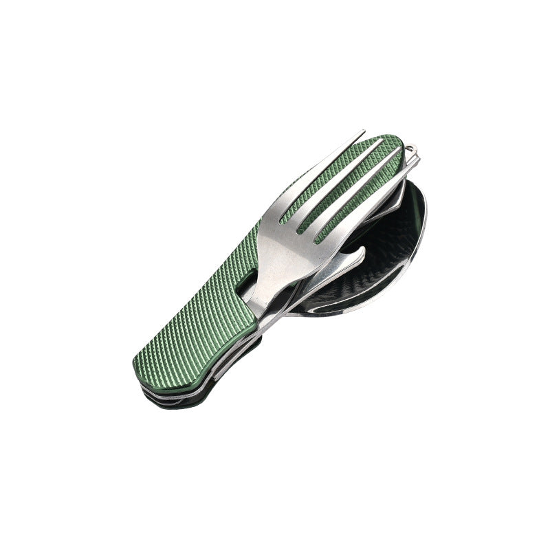 folding stainless steel camping cutlery set with textured grip locking hinge and compact travel clip Bowlift