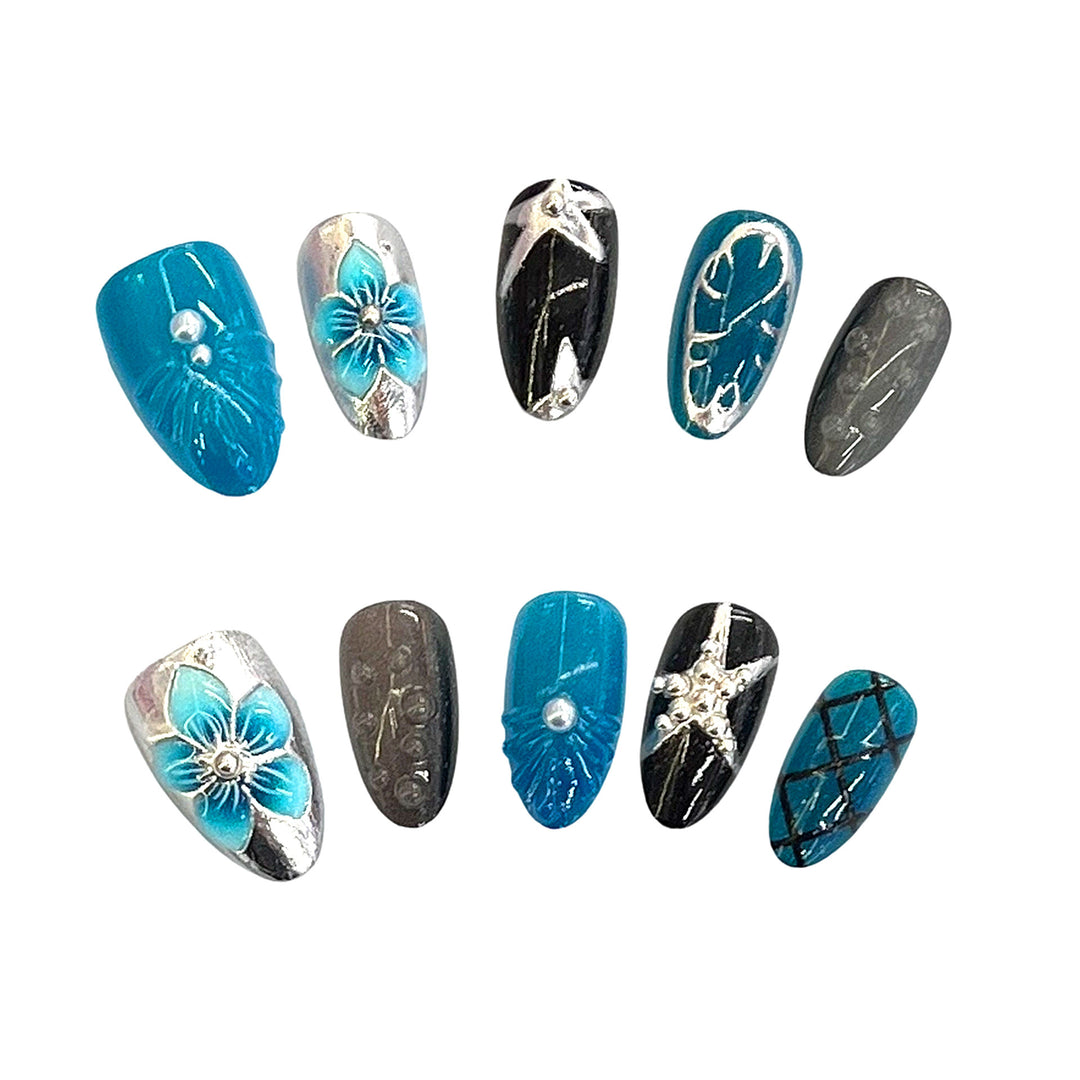 Artistic Press-On Nail Set with Floral Motifs Bowlift