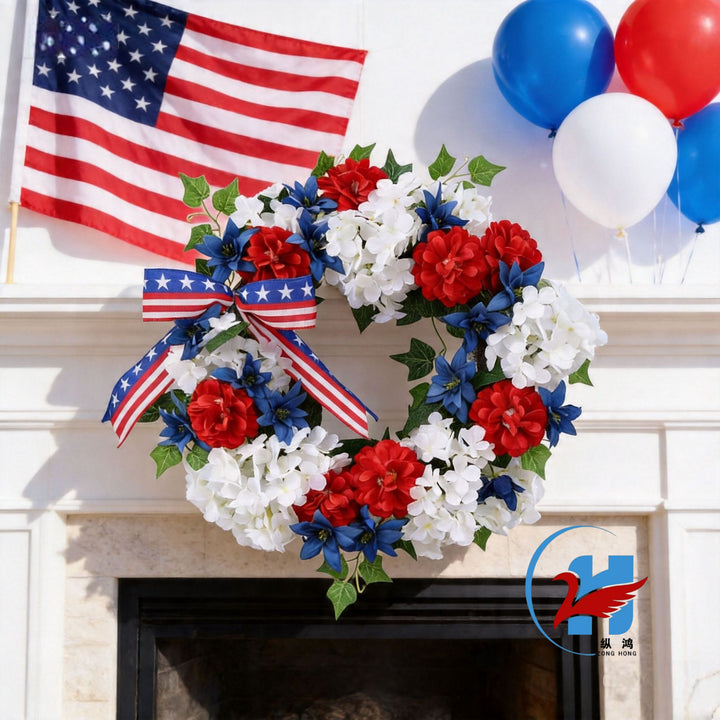 Unisex decorative door wreath made of durable artificial flowers with ribbon in festive style Bowlift