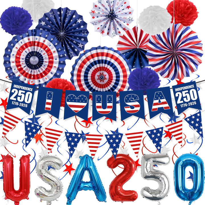 Unisex nan patriotic party decoration set with paper fans bunting pom poms star garlands and foil letter balloons Bowlift