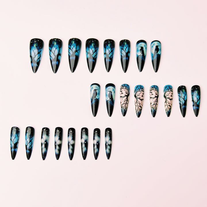 Creative artificial nails with mystical moon and crow design Bowlift