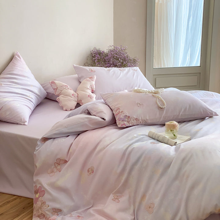 Satin-Feel Butterfly Embroidered Duvet Cover Bedding Set