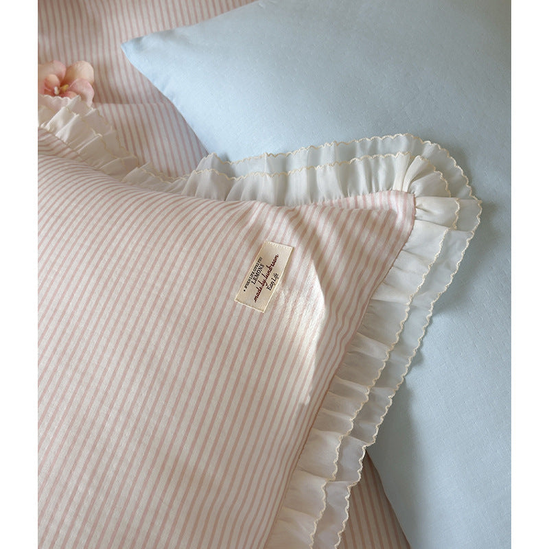 Bedding set made of cotton percale with a fine stripe pattern and gathered ruffle