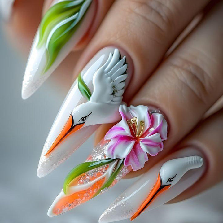 Artistic 3D Nail Tips with Floral Pattern Bowlift