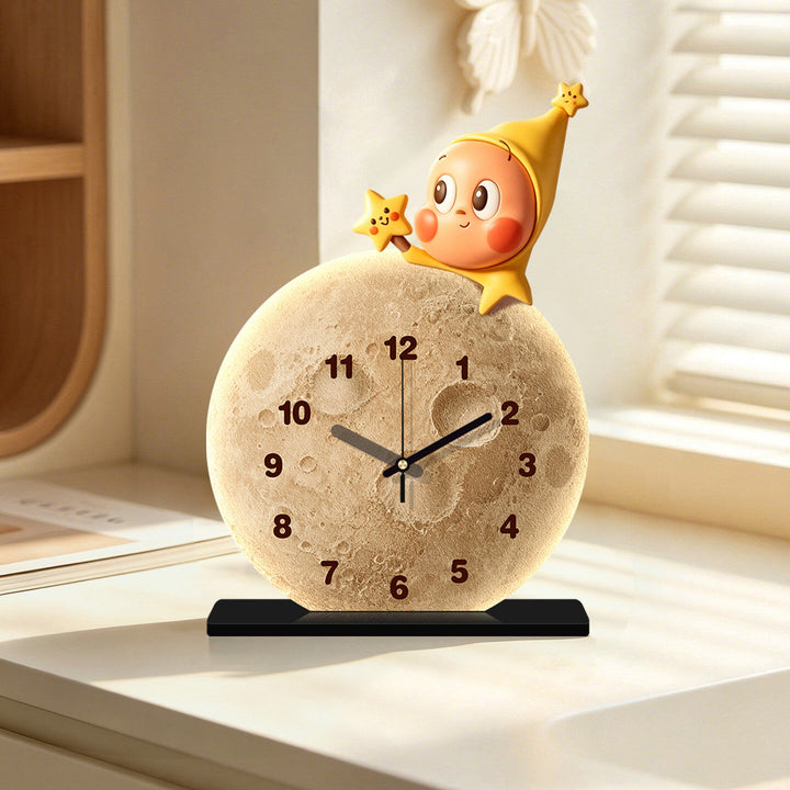 Lunar Texture Table Clock with LED Night Light and Star Character Bowlift
