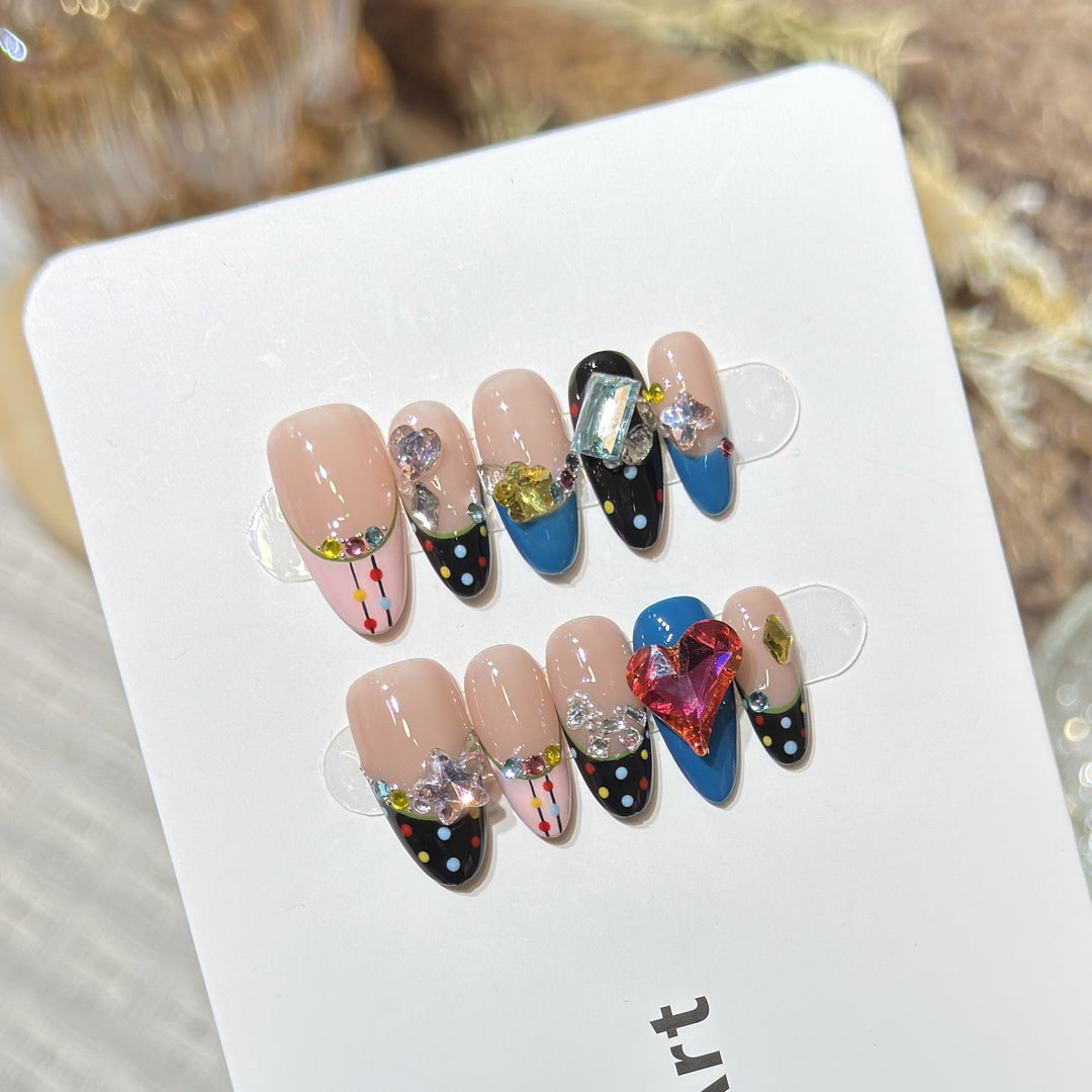 Artistic Press-On Nail Set with Colorful Jewel Accents Bowlift