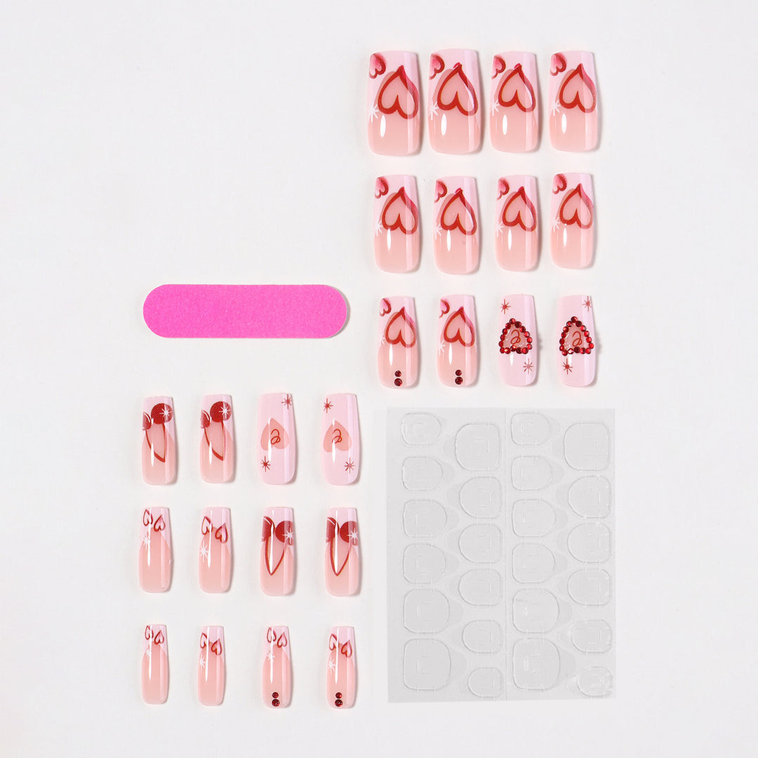 Artificial nail set with romantic heart designs and sparkling rhinestone decorations Bowlift