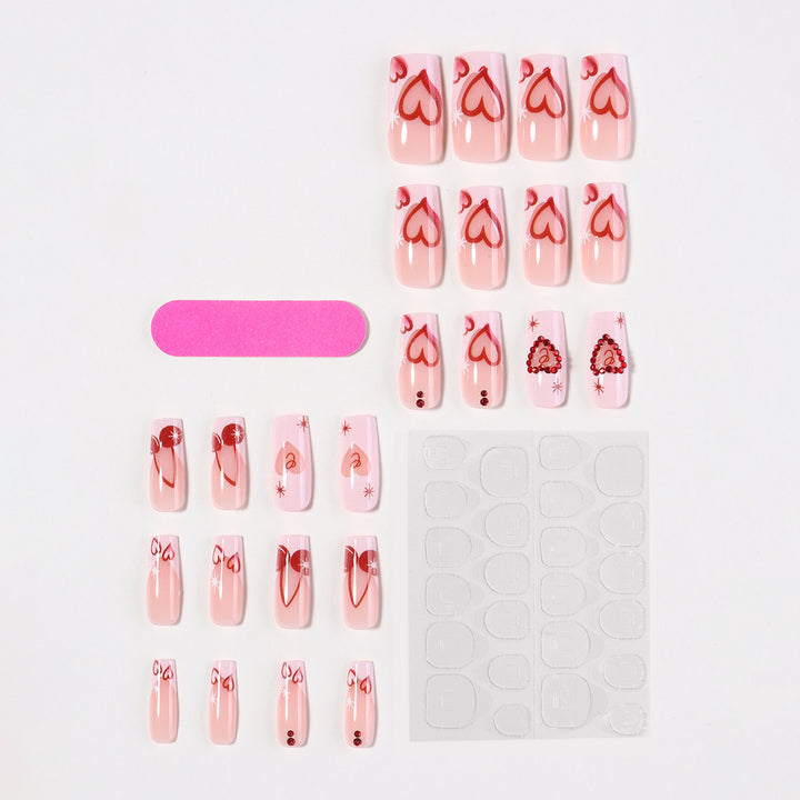Artificial nail set with romantic heart designs and sparkling rhinestone decorations Bowlift